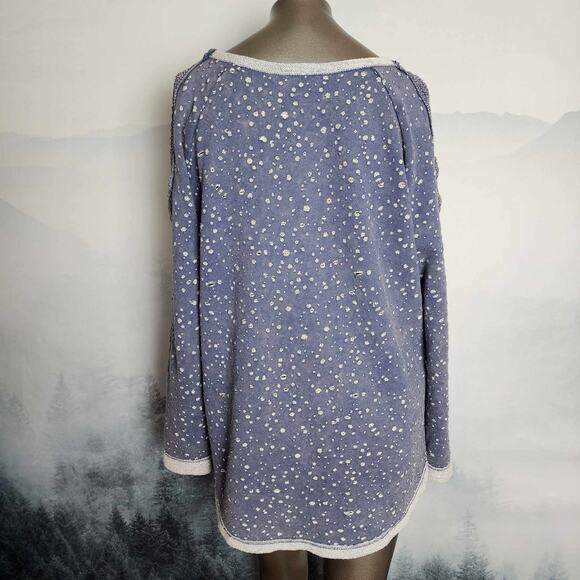 Oddi Distressed Cold-Shoulder Scoop Neck Blue Lace Sweater | Women's Large - Picture 7 of 11